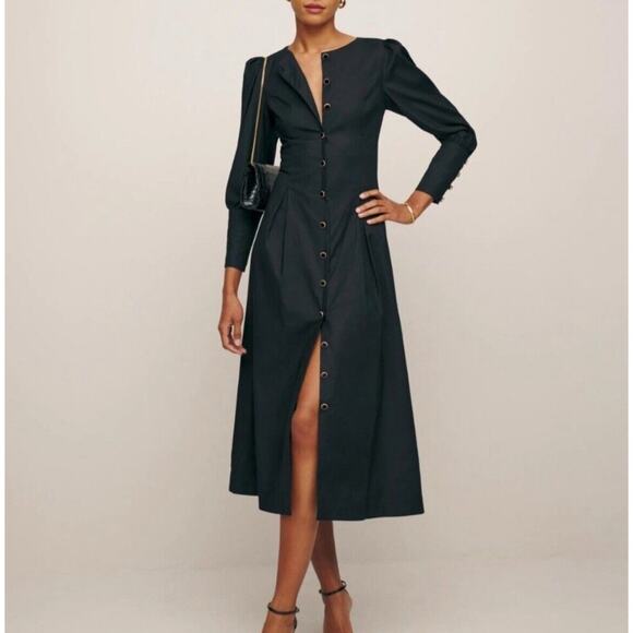 Reformation Dresses & Skirts - Reformation Halia Dress Black Button Up Long Sleeve Size 12 Retails $275